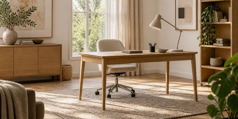 Lyst hjemmekontor med skrivebord i eg